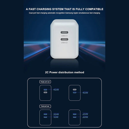 USP 45W Dual Ports USB-C PD GaN Wall Charger White - Charge Two Device Simultaneously, Smart  Reliable, Compact Design