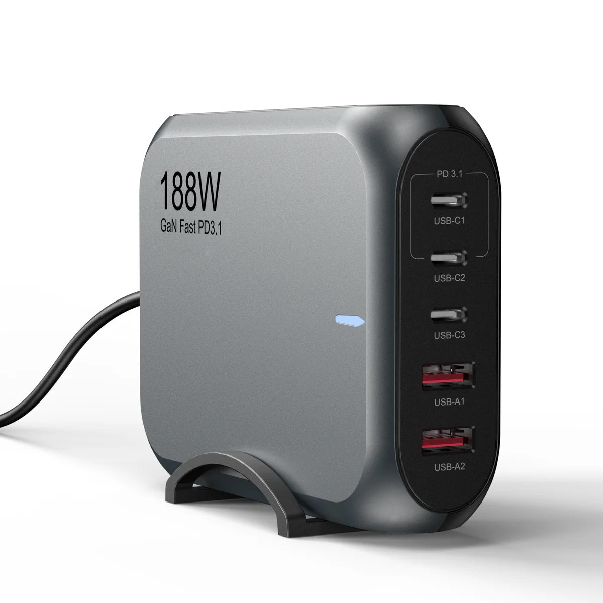USP 188W Five Ports USB-C PD GaN Wall Charger Black - 3x USB-C, 2x USB-A, Efficient, High Quality...