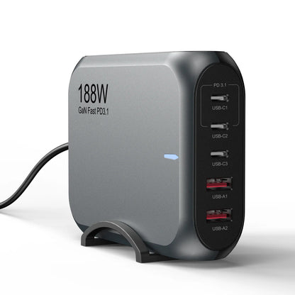 USP 188W Five Ports USB-C PD GaN Wall Charger Black - 3x USB-C, 2x USB-A, Efficient, High Quality...
