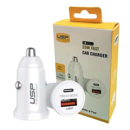 USP 43W Dual Port Fast Car Charger - White, 1xUSB-C(25W), 1xUSB-A(18W QC 3.0), Compact  Lightweig...