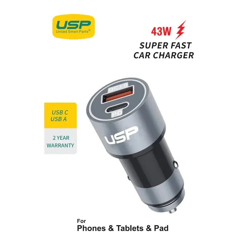 USP 43W Dual Port Car Charger (USB-C PD 25W + USB-A QC 3.0) – Silver, Smart Protection, Dual USB,...