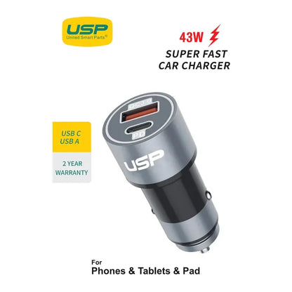 USP 43W Dual Port Car Charger (USB-C PD 25W + USB-A QC 3.0) – Silver, Smart Protection, Dual USB,...