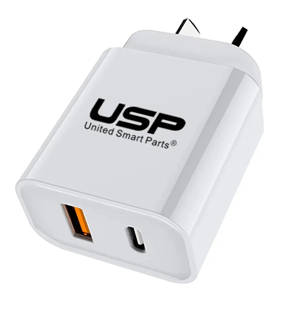 USP 20W Dual Port Fast Wall Charger - White, 1xUSB-C(20W PD), 1xUSB-A(18W QC 3.0), Compact and Li...