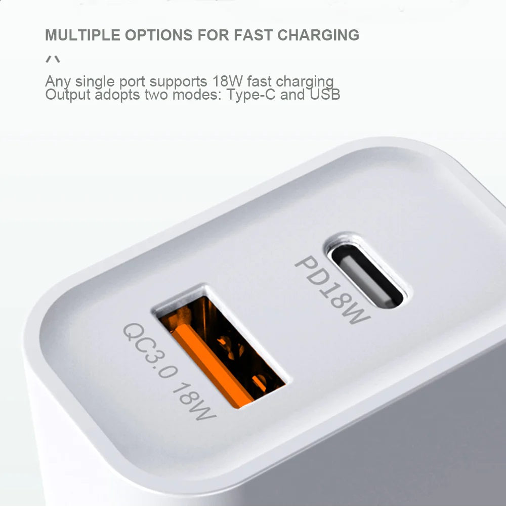 USP 20W Dual Port (20W USB-C PD + 18W USB-A QC3.0) Fast Wall Charger White - Safe Charge,Charge 2... - Image 2