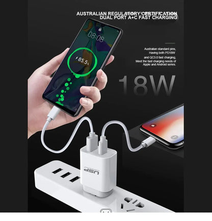 USP 20W Dual Port Fast Wall Charger - White, 1xUSB-C(20W PD), 1xUSB-A(18W QC 3.0), Compact and Li... - Image 3