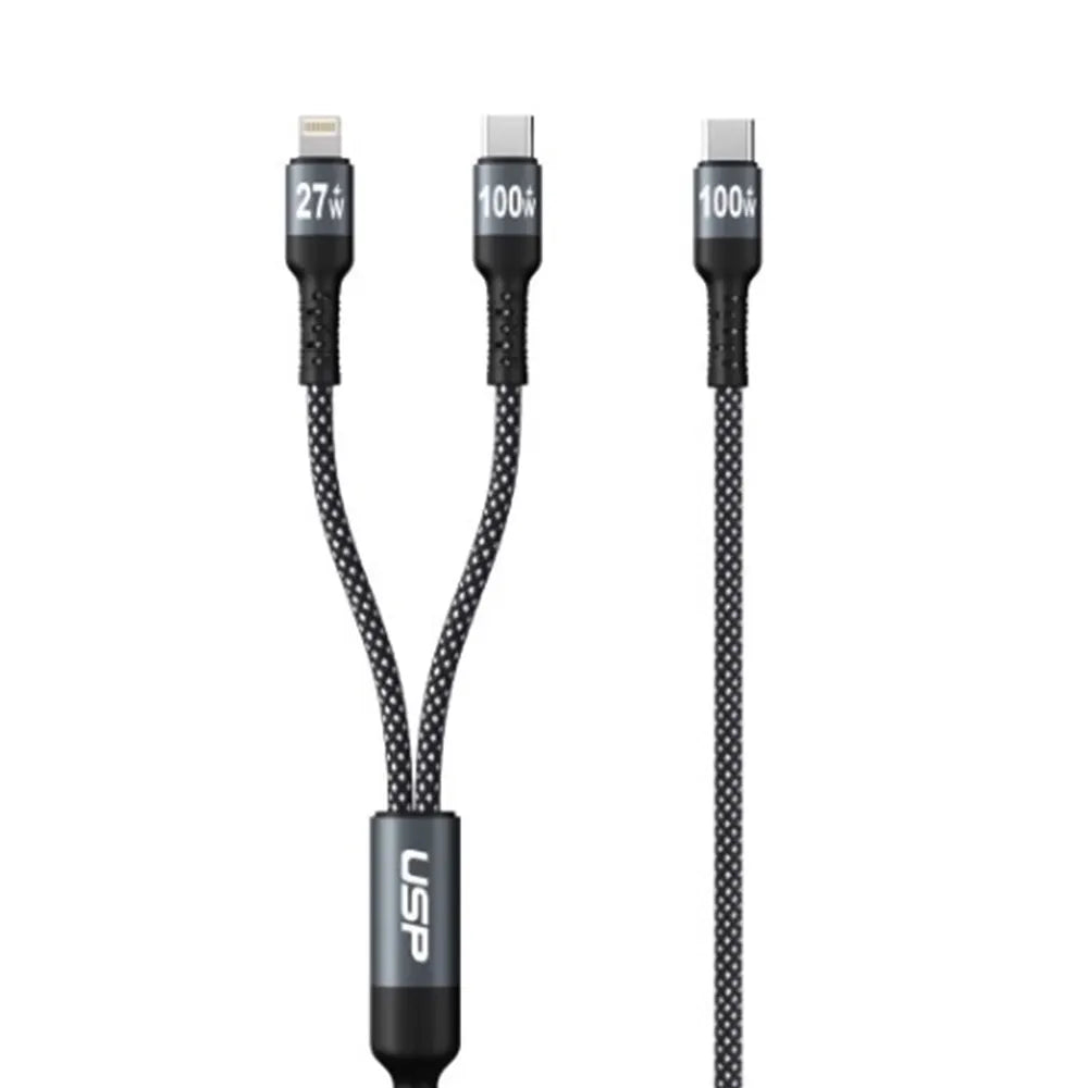 USP Braided 2-in-1 USB-C to Lighting (27W) + USB-C (100W) Super Fast Charging Cable (1.2M) Black...