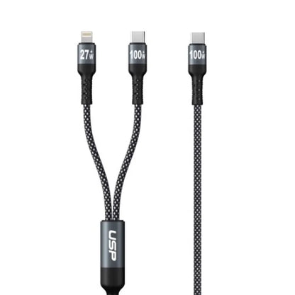 USP Braided 2-in-1 USB-C to Lighting (27W) + USB-C (100W) Super Fast Charging Cable (1.2M) Black...