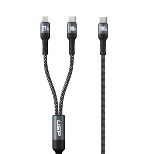 USP Braided 2-in-1 USB-C to Lighting (27W) + USB-C (100W) Super Fast Charging Cable (1.2M) Black...