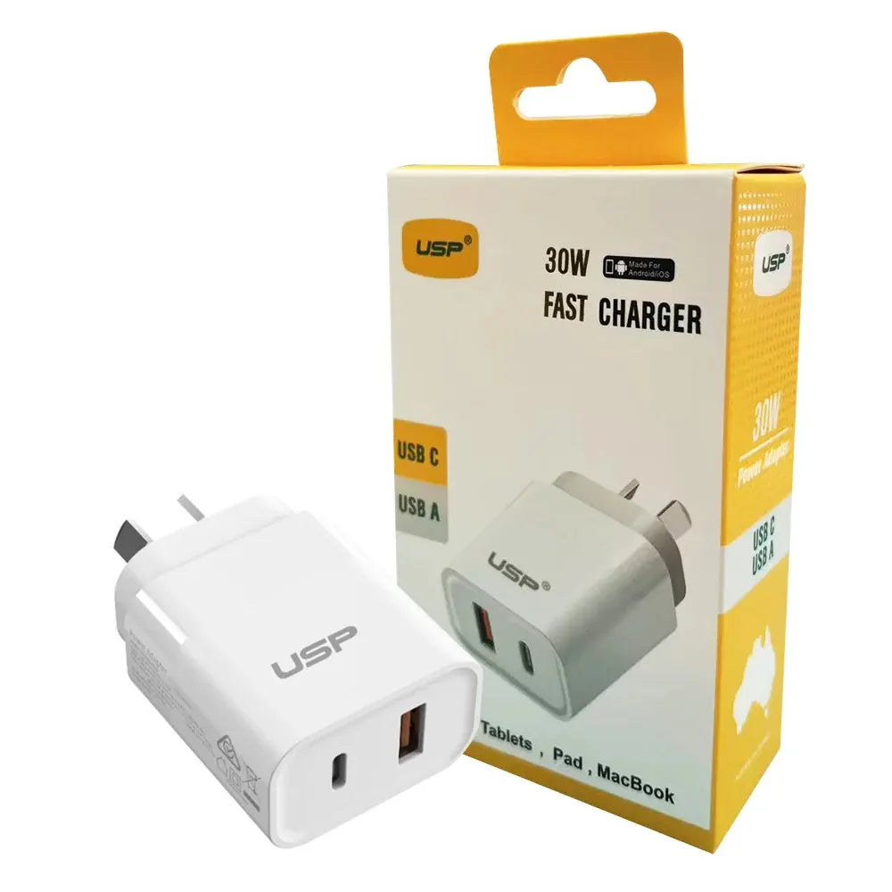 USP 30W Dual Port Fast Wall Charger - White, 1xUSB-C(30W PD), 1xUSB-A(18W QC 3.0), Compact and Li...