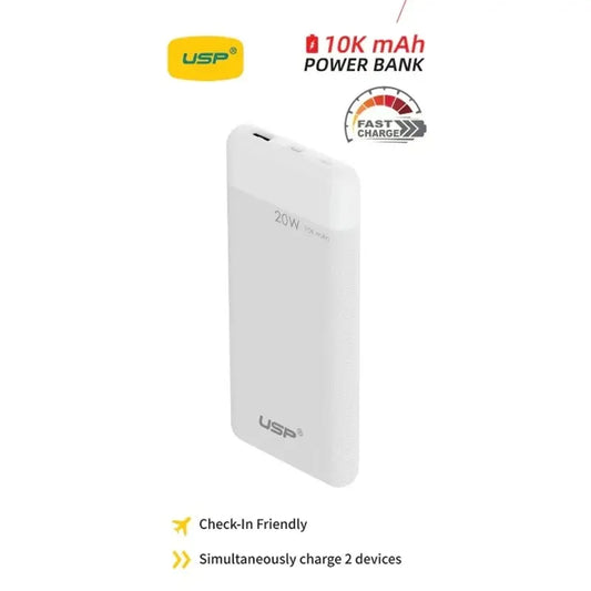 USP 10K mAh Power Bank White - 20W Fast Charge, 1x USB-C, 1x USB-A, Built-in Electricity Indicato...