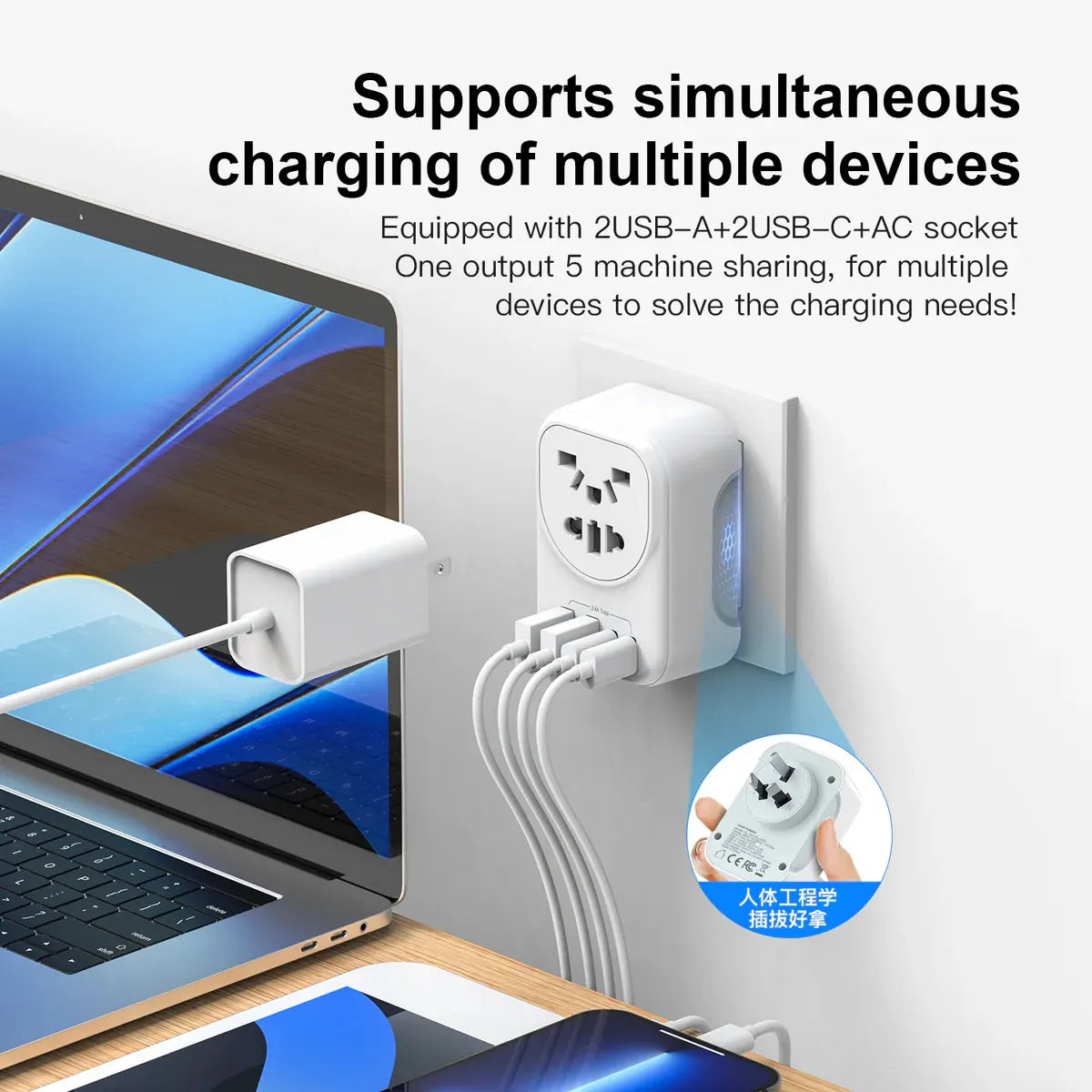 USP Australian Inbound Travel Adapter 2 USB-A + 2 USB-C + AC Socket, Portable device, 4 Universal... - Image 4