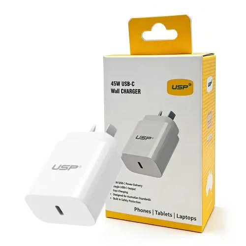 USP 45W GaN Single USB-C PD Wall Charger - White, Compact Design, Smart and Reliable, Built-in Sa...