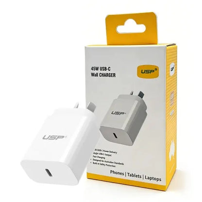 USP 45W GaN Single USB-C PD Wall Charger - White, Compact Design, Smart and Reliable, Built-in Sa...