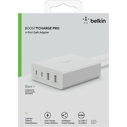 Belkin BoostCharge Pro 108W USB-C (PD 3.0) 4-Port GaN Wall Charger - White (WCH010auWH), 2xUSB-C,... - Image 4