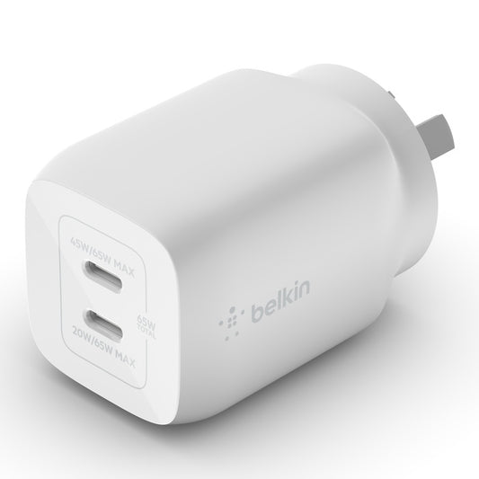 Belkin BoostCharge Pro 65W USB-C PD 3.0 PPS Dual GaN Wall Charger - White (WCH013auWH), Compact L...