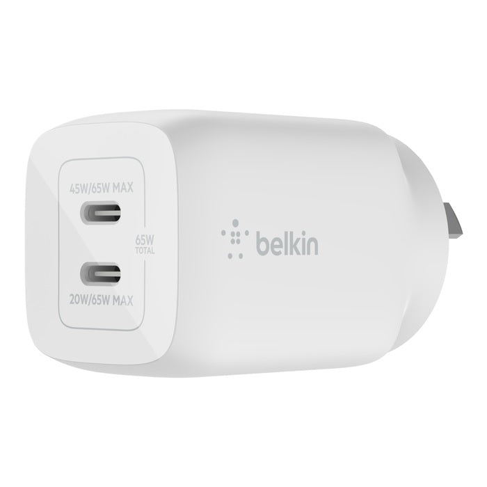 Belkin BoostCharge Pro 65W USB-C PD 3.0 PPS Dual GaN Wall Charger - White (WCH013auWH), Compact L... - Image 3