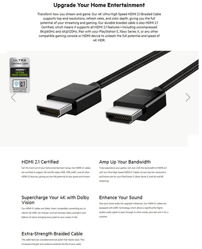 Belkin 8K Ultra High Speed HDMI 2.1 Braided Cable (2M) - Black (AV10176bt2M-BLK),8K @ 60Hz / 4K @... - Image 4