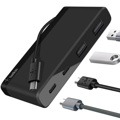 Belkin USB-C 4-Port Mini Hub (USB Type-C) - Black(F4U090btBLK), 5Gbps, 2x USB-C, 2x USB-A, Compac...