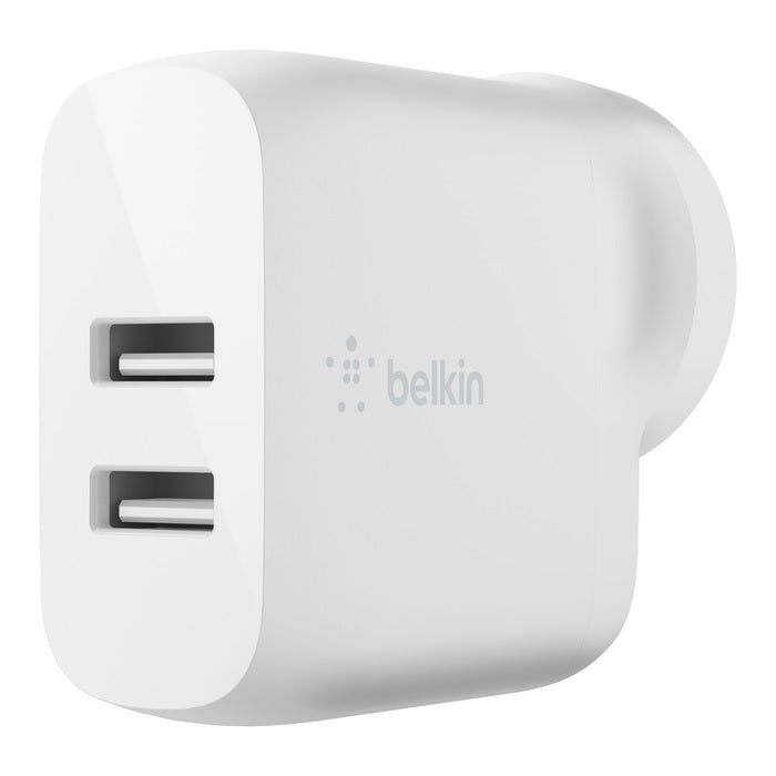 Belkin BoostCharge 24W Dual USB-A Wall Charger - White (WCB002auWH), 2xUSB-A (12W), Safe  Efficie...