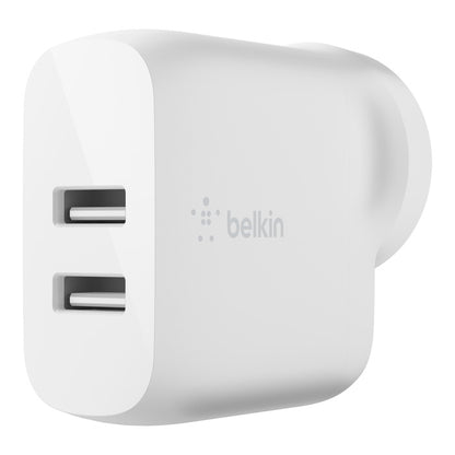 Belkin BoostCharge 24W Dual USB-A Wall Charger - White (WCB002auWH), 2xUSB-A (12W), Safe  Efficie...