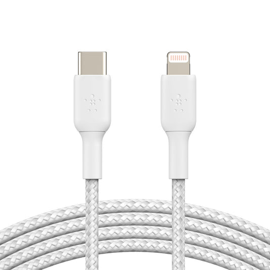 Belkin BoostCharge Braided Lightning to USB-C Cable (2M) - White (CAA004bt2MWH),3A/18W,480Mbps,30...