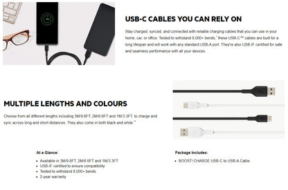 Belkin BoostCharge USB-C to USB-A Cable (1M) - White (CAB001bt1MWH), 3A/15W, 480Mbps, 25K+ Bend,... - Image 4