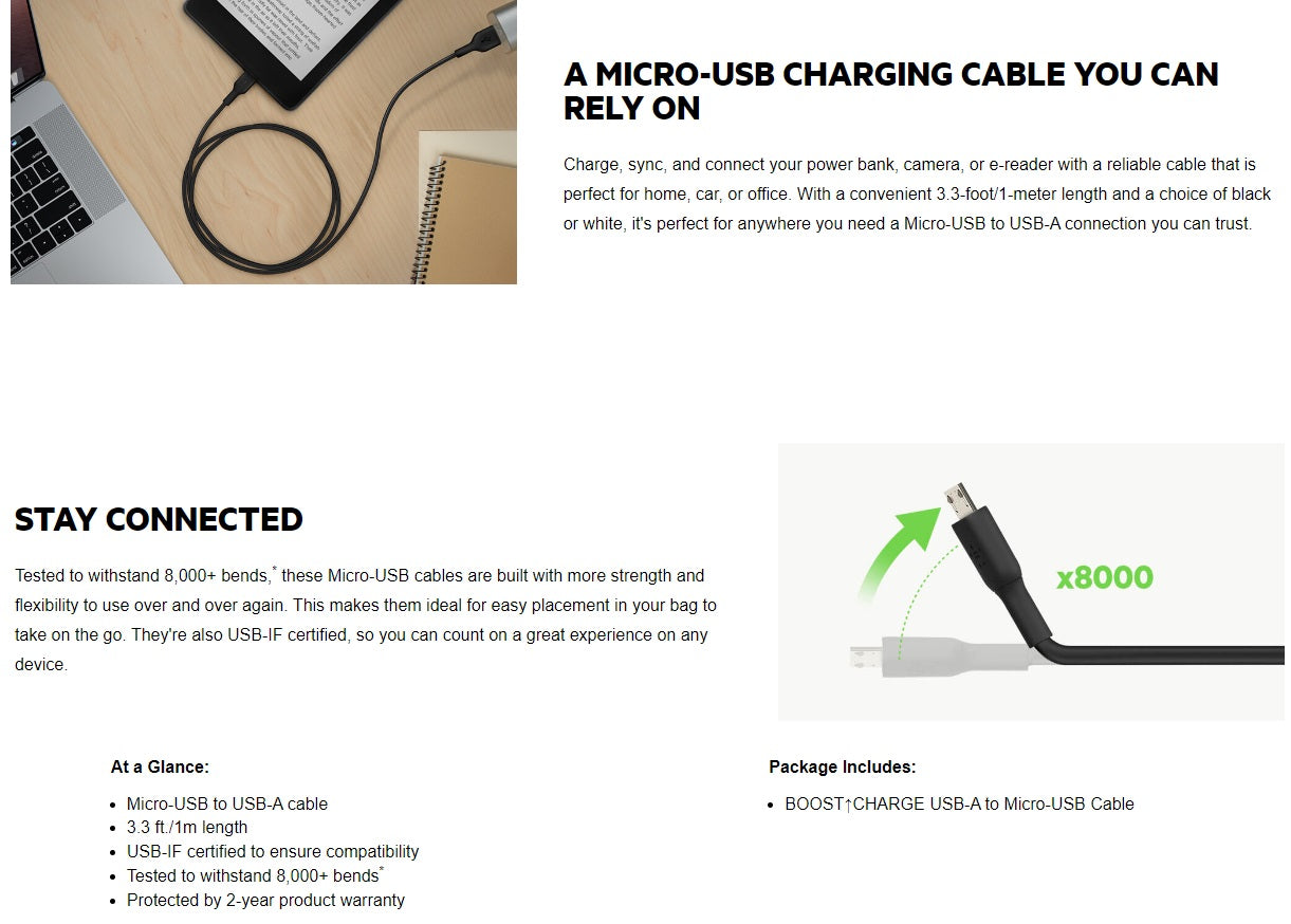 Belkin BoostCharge USB-A to Micro-USB Cable (1M) - Black (CAB005bt1MBK),7.5W,480Mbps, 25K+ Bends,... - Image 4