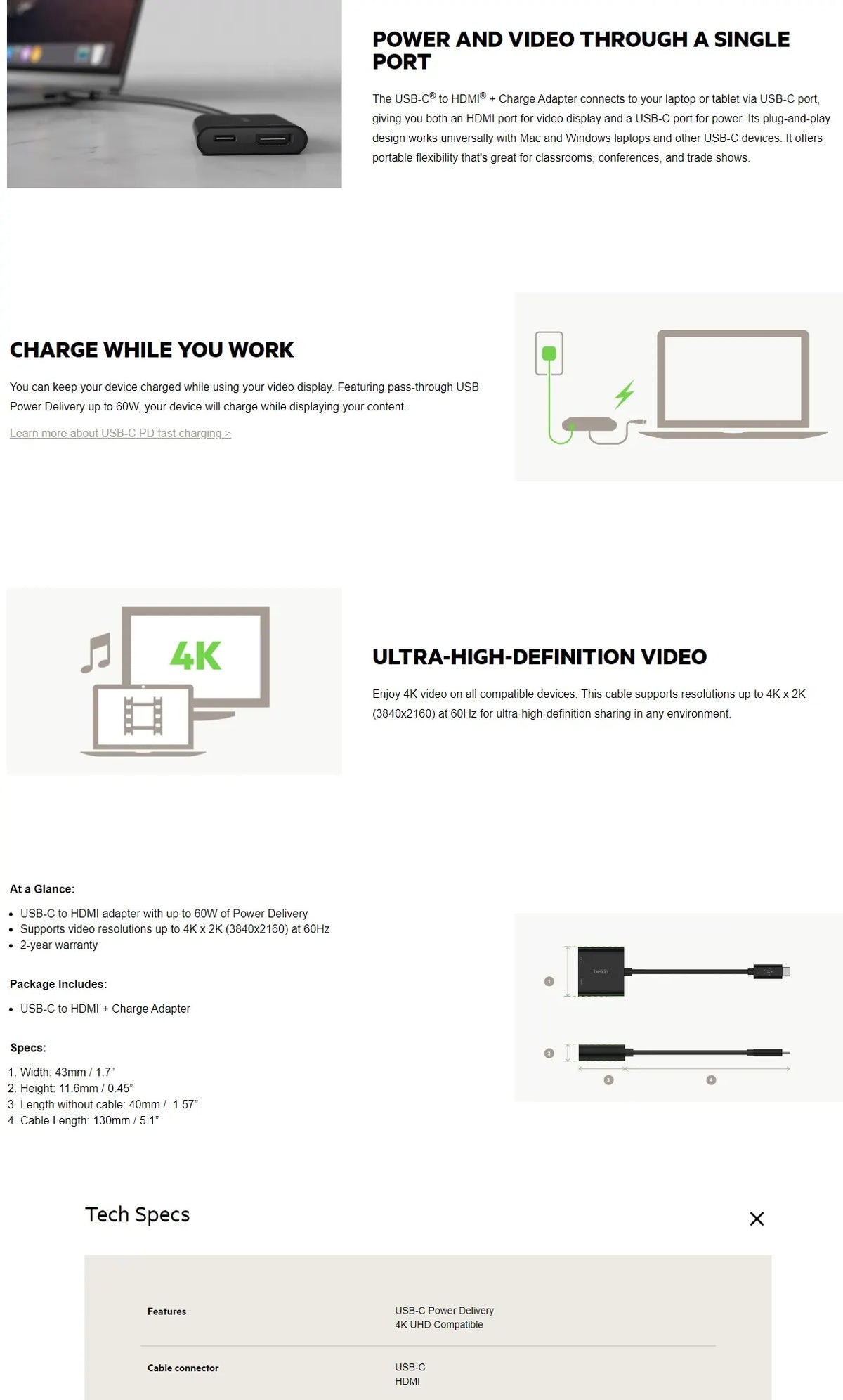 Belkin USB-C to HDMI + Charge Adapter - Black (AVC002btBK), 4K 60Hz Video, 60W Power Delivery, Co... - Image 4