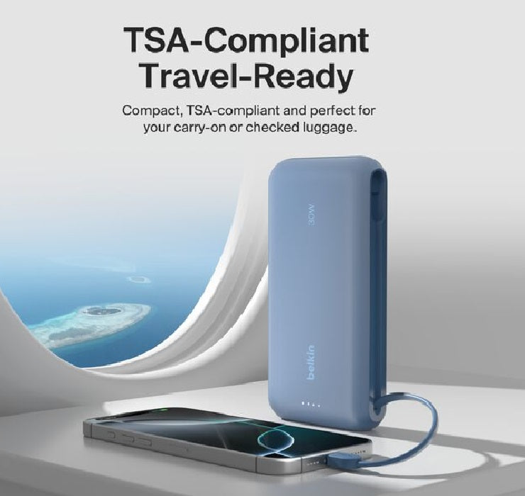 Belkin BoostCharge 20K mAh Power Bank With Integrated USB-C Cable - Blue (BPB024fqBL), 30W, 2xUSB... - Image 4