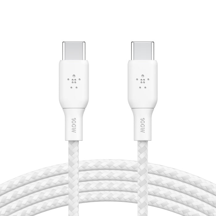 Belkin BoostCharge Braided USB-C to USB-C Cable (3M) - White (CAB014bt3MWH), 5A/100W, 480Mbps, 30...