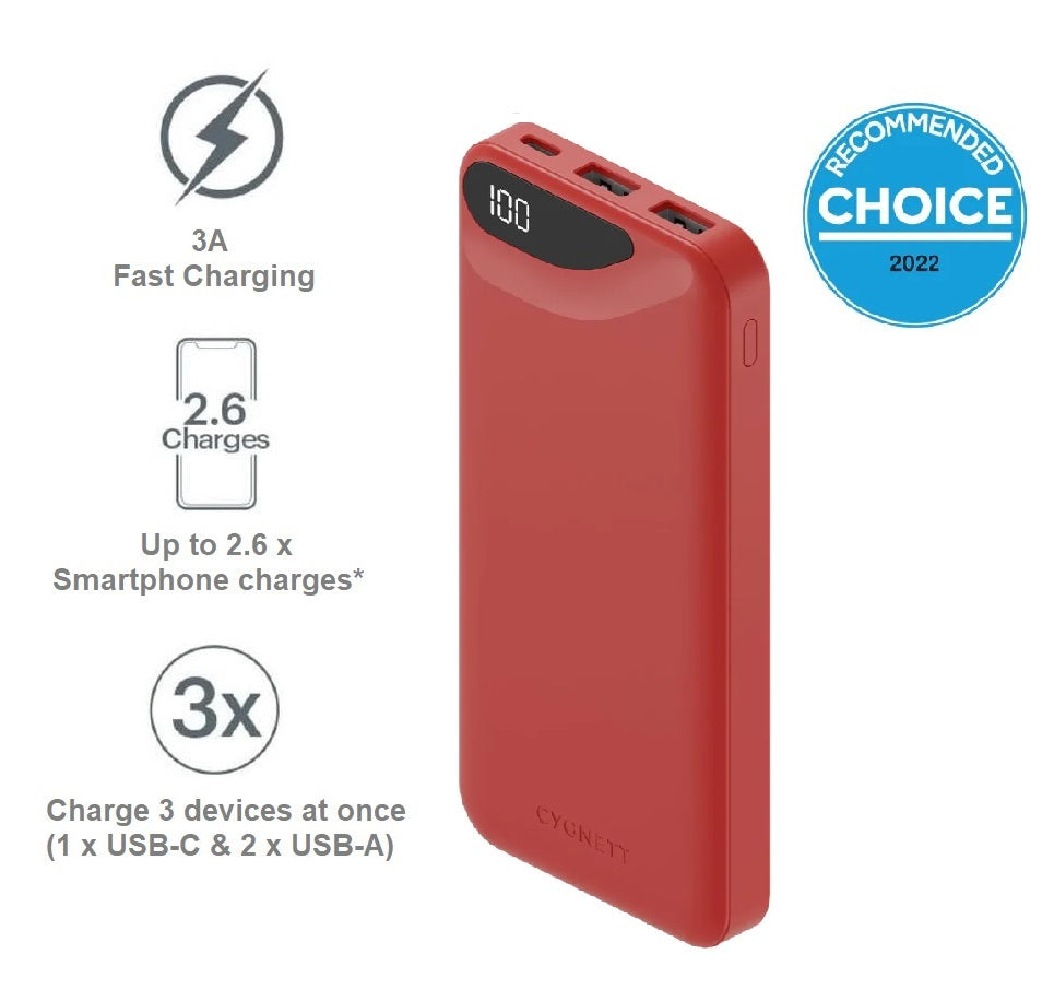 Cygnett ChargeUp Boost 3rd Gen 10K mAh Power Bank -Red(CY4343PBCHE),1x USB-C(15W),2x USB-A(12W),1...