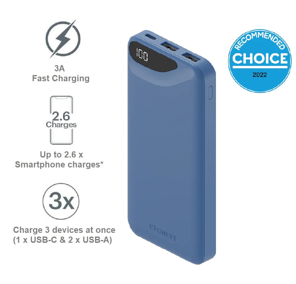 Cygnett ChargeUp Boost 3rd Gen 10K mAh Power Bank-Blue(CY4342PBCHE),1x USB-C(15W),2x USB-A(12W),1...