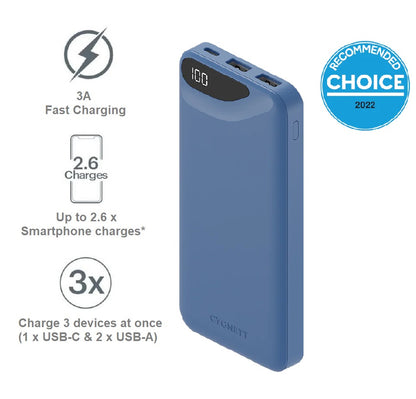 Cygnett ChargeUp Boost 3rd Gen 10K mAh Power Bank-Blue(CY4342PBCHE),1x USB-C(15W),2x USB-A(12W),1...