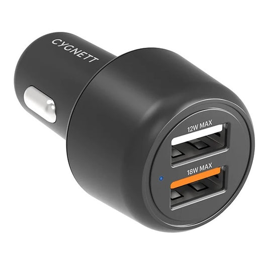 Cygnett CarPower 30W Dual Port Car Charger - Black (CY3680CYCCH), 2xUSB-A(12W  18W QC 3.0), 3.6x...