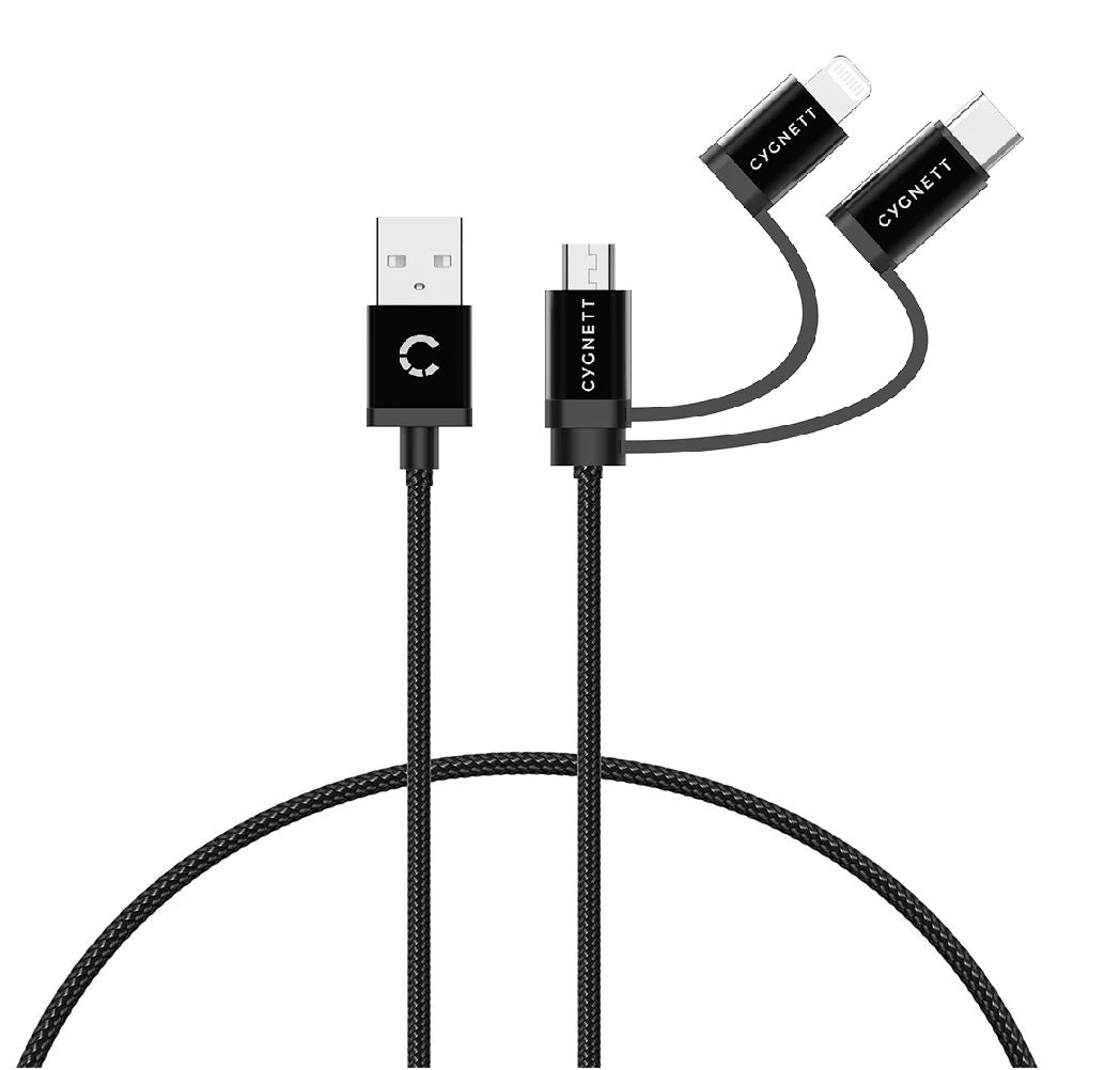 Cygnett Essentials 3-in-1 (USB-A to Lightning + USB-C + Micro-USB) Cable (1M) - Black (CY3571COCA...