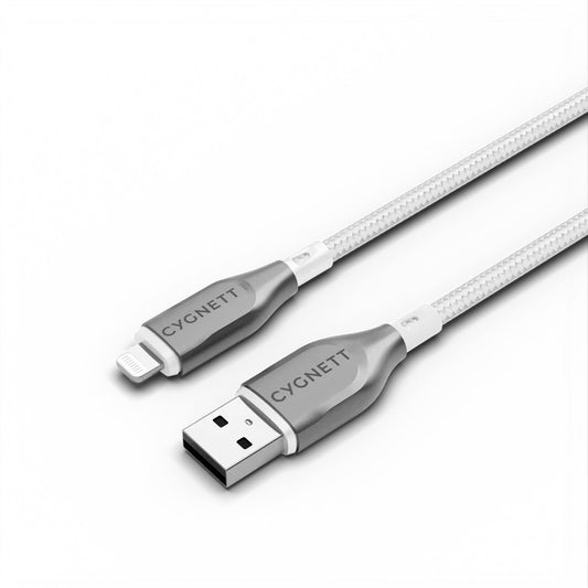 Cygnett Armoured Braided Lightning to USB-A (2.0) (1M) Cable - White (CY4659PCCAL), 2.5A/12W, 480...