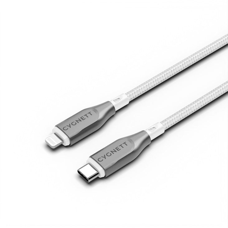 Cygnett Armoured Lightning to USB-C (2.0) Cable (1M) -White(CY4668PCCCL),30W,Braided, 480Mbps Tra...
