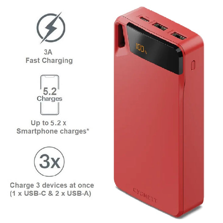 Cygnett ChargeUp Boost 4th Gen 20K mAh Power Bank -Red(CY4753PBCHE)Triple Port(Dual USB-A 15W + 1...
