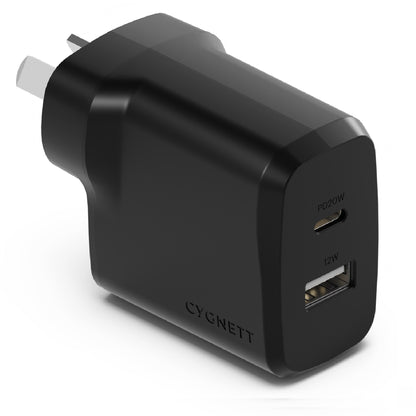 Cygnett PowerPlus 32W Dual Port (20W USB-C + 12W USB-A) PD Fast Wall Charger-Black(CY4773PDWCH),P...