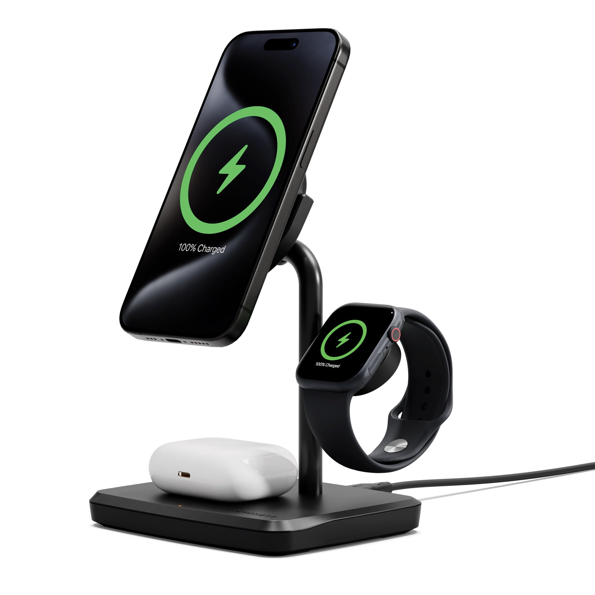 Cygnett ChargeBase Qi2 3-in-1 Magnetic 15W Wireless Charger-Black(CY5069BUNCP),1.2M USB-C Cable,5...