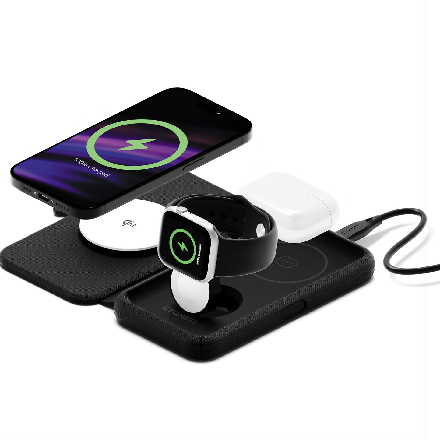 Cygnett MagTravel Qi2.0 2-in-1 Wireless Charger - Black (CY5138WIRDE), 1.2M USB-C Cable,15W, Comp...