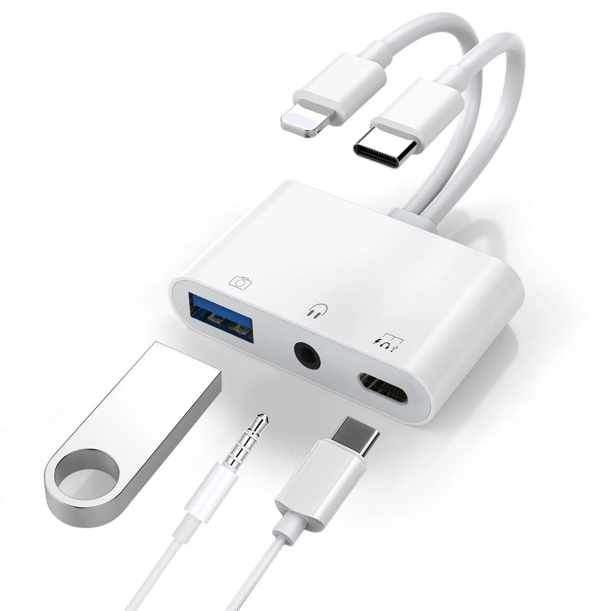 USP Lightning/USB-C to USB Adapter features a USB OTG Port, 3.5mm Headphone Jack  Fast-charging P...