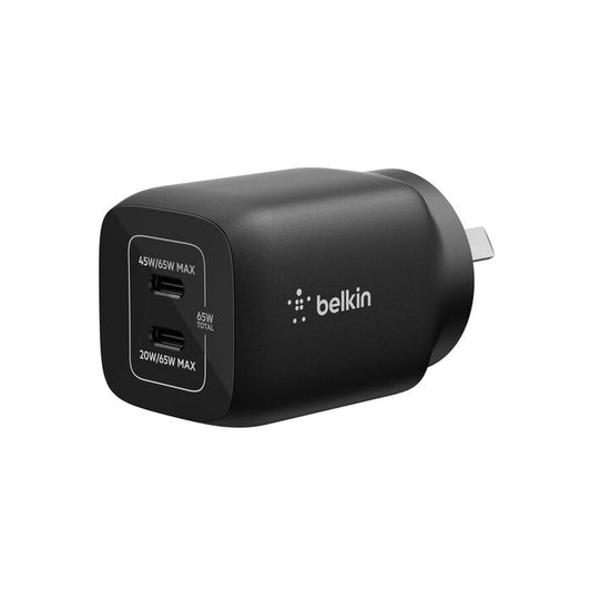 Belkin Dual USB-C 65W (45W + 20W) Wall Charger - Black (ENA007auBK), Compact, Travel-Friendly, Id...