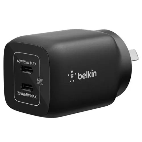 Belkin Dual USB-C 65W (45W + 20W) Wall Charger - Black (ENA007auBK), Compact, Travel-Friendly, Id...