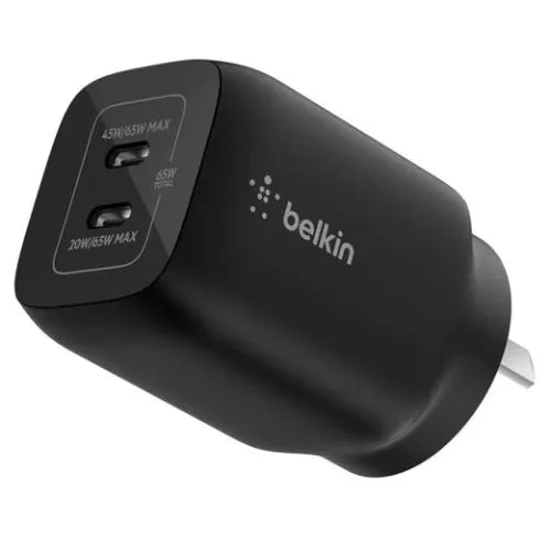 Belkin Dual USB-C 65W (45W + 20W) Wall Charger - Black (ENA007auBK), Compact, Travel-Friendly, Id... - Image 4
