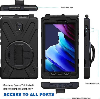 USP Rugged Samsung Galaxy Tab Active5 / Tab Active3 (8') Case Black - Built-in-Kickstand, Adjustable Hand Strap, Shoulder Strap, Pen Holder