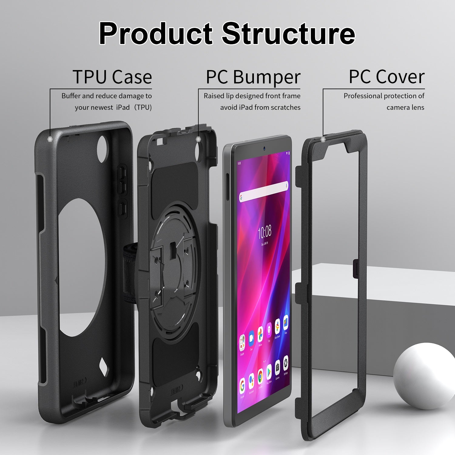 USP Rugged Lenovo Tab M8 (4th Gen) (8') (TB-300) Case + Screen Protector Black - Built-in-Kicksta... - Image 3