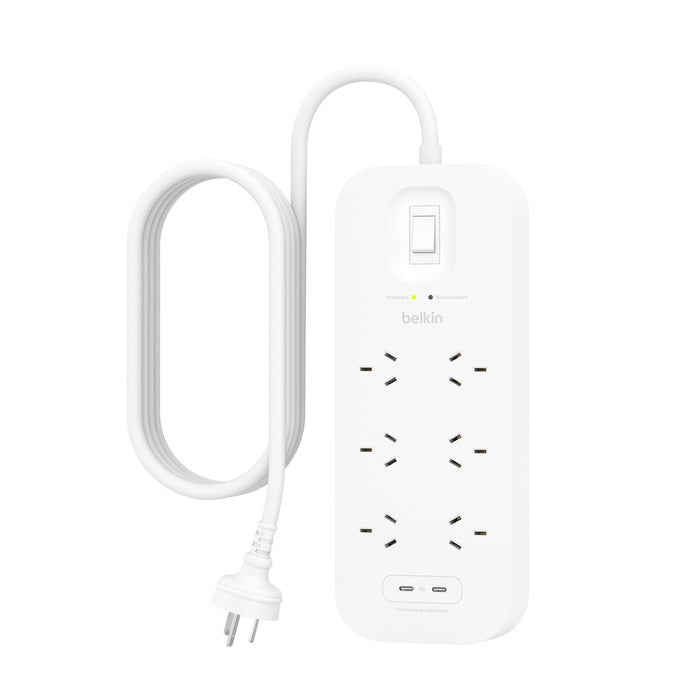 Belkin SurgePro 6-Outlet Surge Protector with Dual USB-C 30W Ports - White (SRB006AU2M), 2M Power...