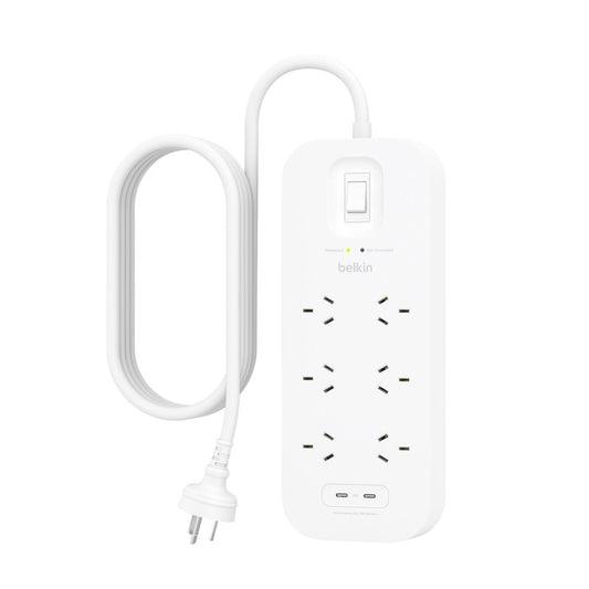 Belkin SurgePro 6-Outlet Surge Protector with Dual USB-C 30W Ports - White (SRB006AU2M), 2M Power...