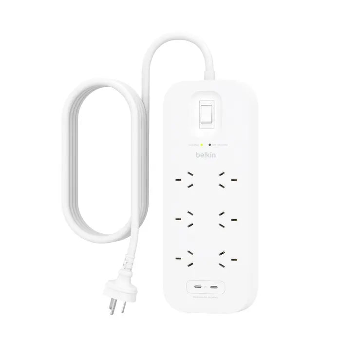 Belkin SurgePro 6-Outlet Surge Protector With Dual USB-C (30W) - White(SRB006AU2M), 2M Power Cord...